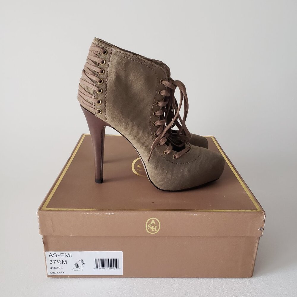 ASH Size 37.5 (US 7) Khaki Side Zipper Lace Up Ankle Boot Heels With Box